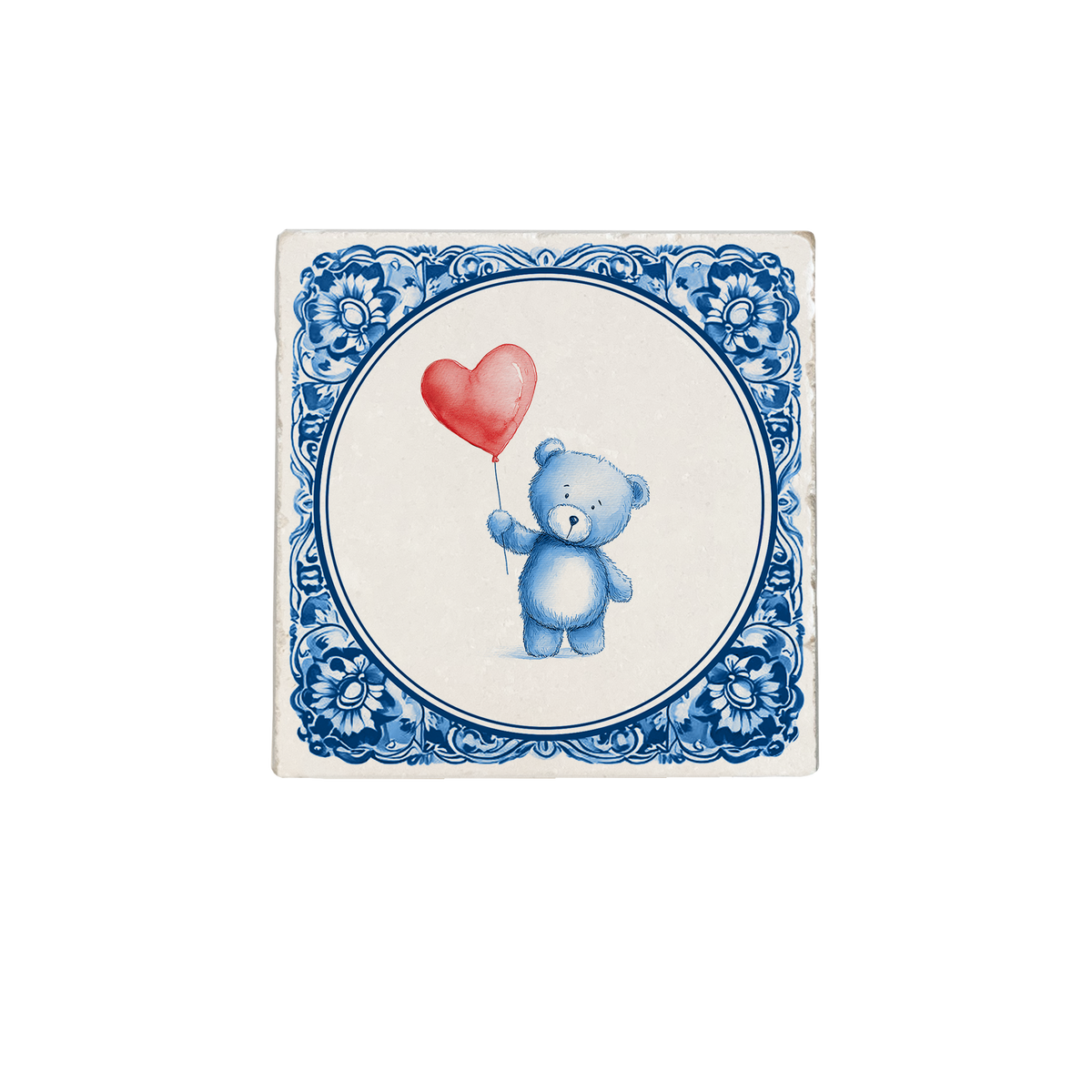 Delft Blue teddy bear with balloon - natural stone tile