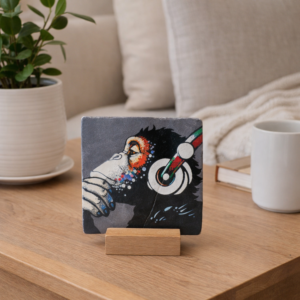 Tegeltje Monkey with Headphone - natural stone tile