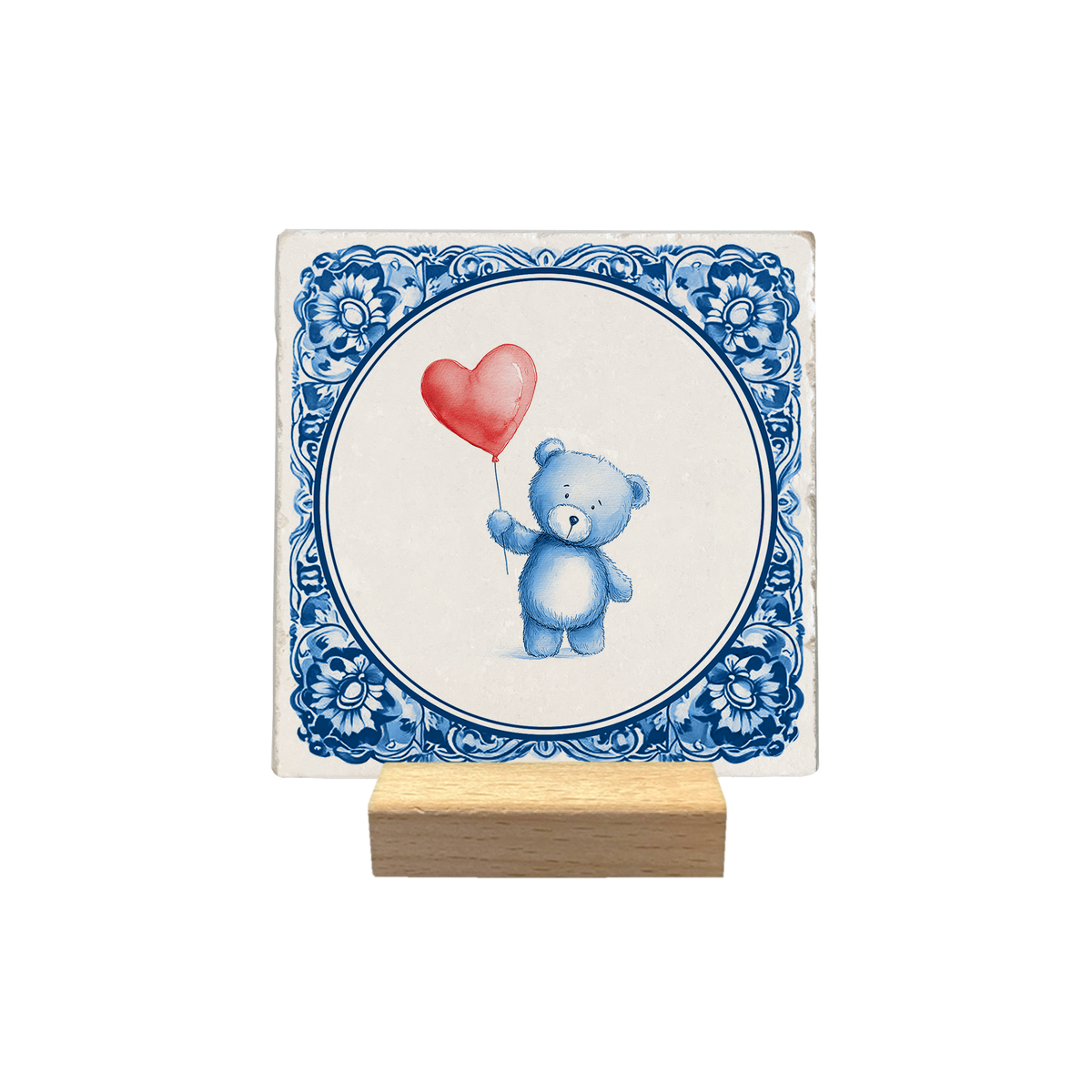 Delft Blue teddy bear with balloon - natural stone tile