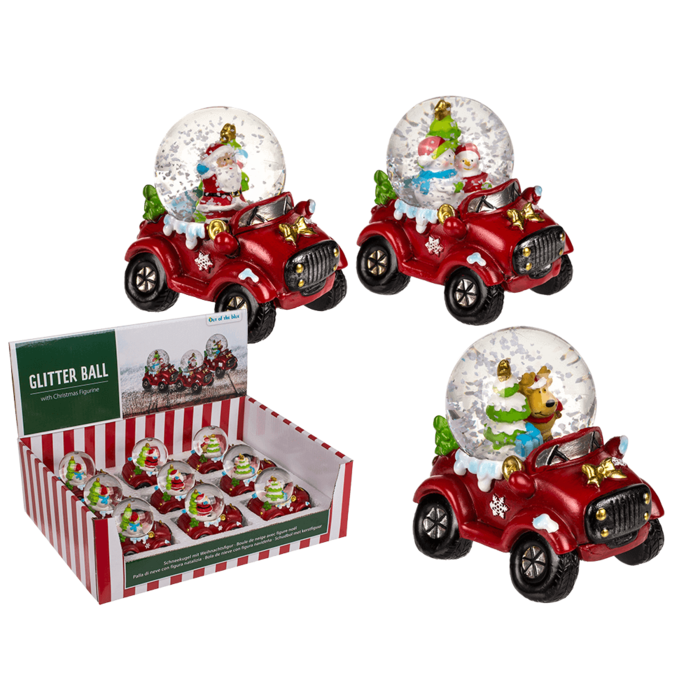 Polyresin sneeuwbol met kerstfiguren op autostandaard
