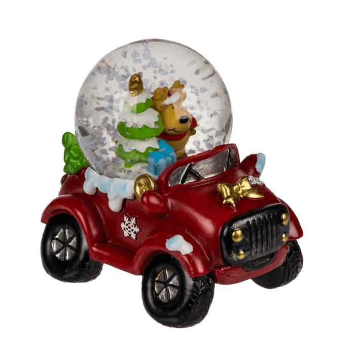 Polyresin sneeuwbol met kerstfiguren op autostandaard